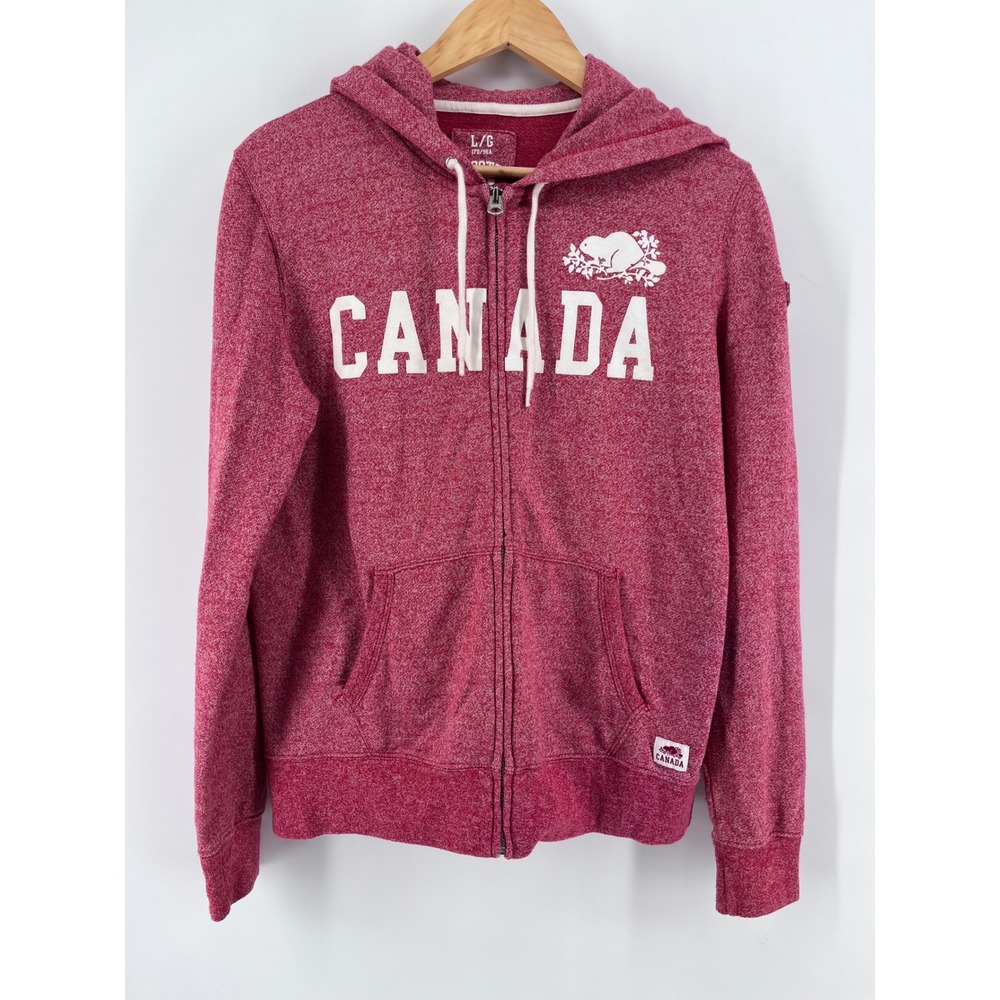 Roots Canada Womens Full Zip Hoodie Red Marl Heather Beaver Logo L Comfy Casual